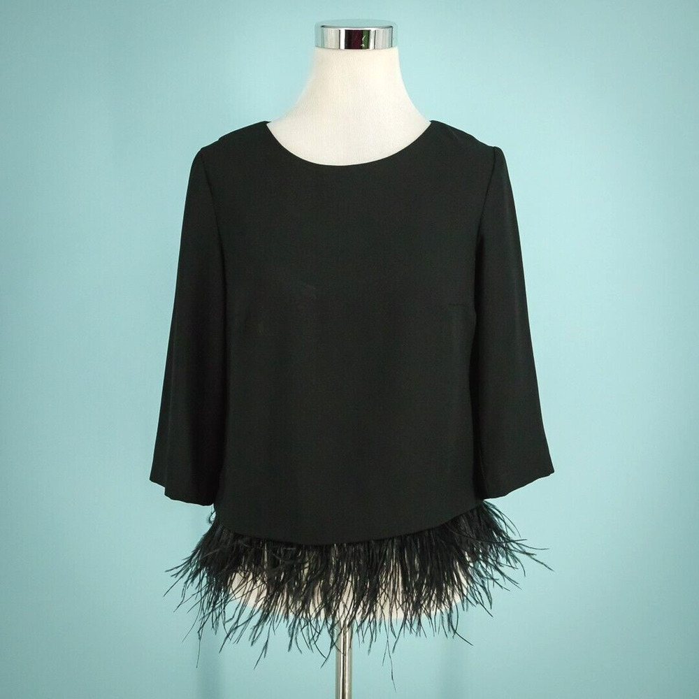 Club Monaco Size Small S Black Donnatina Ostrich Feather Crew 3/4 Sleeve Top
